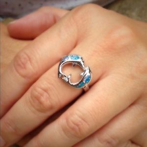 Sterling silver filled opal dolphin ring